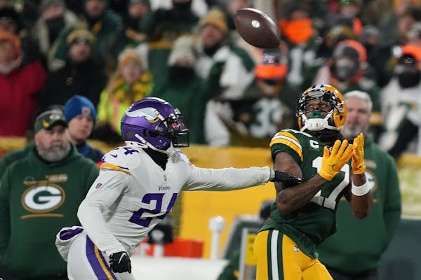 Vikings defensive back Mackensie Alexander trailed the action as Green Bay wide receiver Davante Adams caught a long pass from Aaron Rodgers on Sunday
