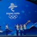 Staff members rehearsed a victory ceremony at the Medals Plaza of the Winter Olympics in Beijing on Monday.