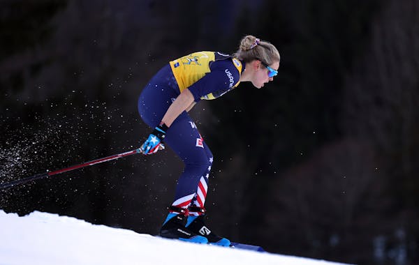 Jessie Diggins, pictured here skiing Saturday, finished this year’s Tour de Ski in eighth place.