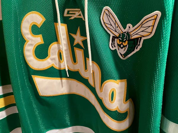 This Hornets uniform was worn in the 2013 boys hockey Class AA state tournament championship game won by Edina.