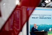 President Joe Biden speaks during a virtual meeting with family and independent farmers and ranchers at the South Court Auditorium in the Eisenhower E