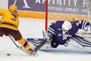 St. Thomas goaltender Alexa Dobchuk saved a shot from the Gophers’ Catie Skaja at Ridder Arena last January. The Tommies announced plans for an on-c