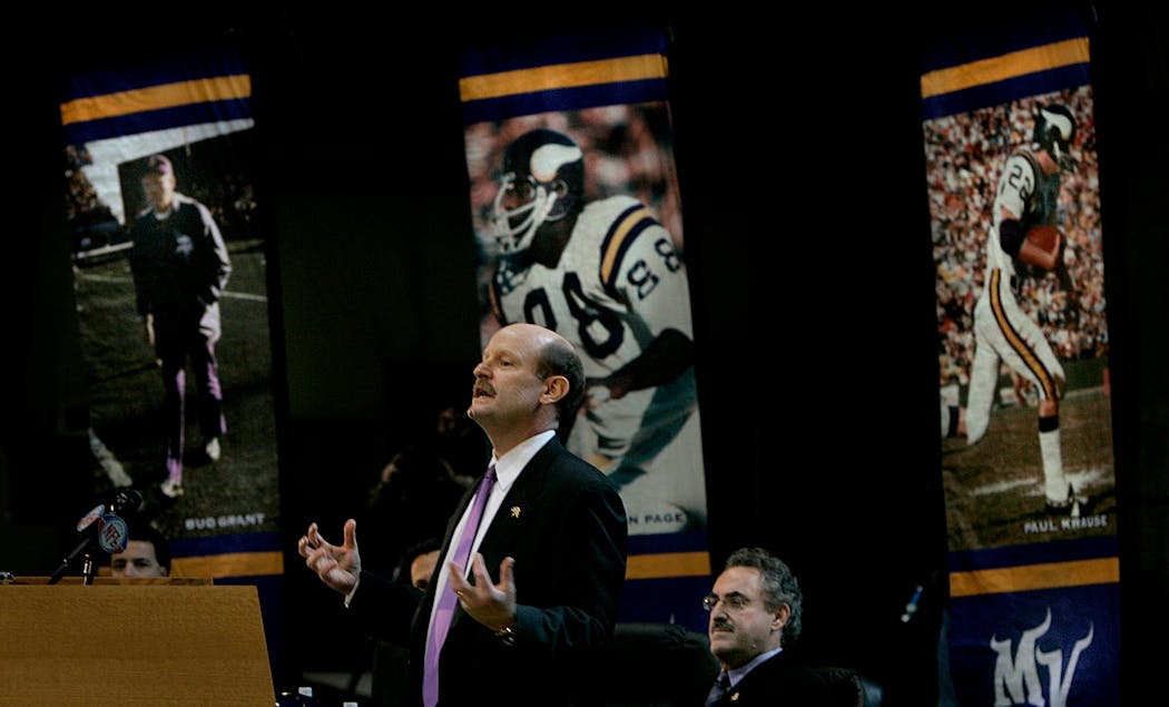 Brad Childress spoke at a news conference at Winter Park in Eden Prairie in 2006 while owner Zygi Wilf looked on.