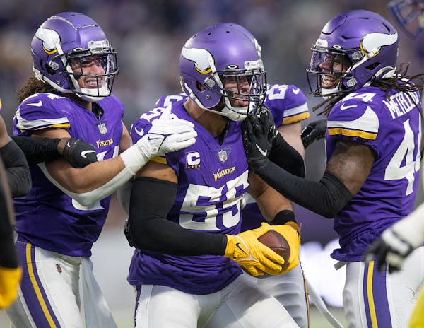 Vikings linebacker Anthony Barr (55) after one of this two interceptions against the Rams on Dec. 26. 