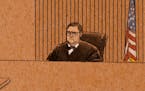 In this courtroom sketch, U.S. District Judge Paul Magnuson presides over a pretrial hearing for three former Minneapolis officers charged in the deat