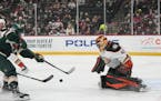 Minnesota Wild left wing Kevin Fiala (22) scores on Anaheim Ducks goaltender Anthony Stolarz (41) in the first period. The Minnesota Wild hosted the A