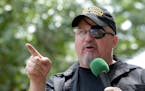 FILE - Stewart Rhodes, founder of the citizen militia group known as the Oath Keepers speaks during a rally outside the White House in Washington, on 