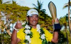 Hideki Matsuyama of Japan held the champions trophy after the final round of the Sony Open golf tournament at Waialae Country Club in Honolulu on Sund