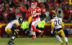 Chiefs quarterback Patrick Mahomes threw five touchdown passes in Kansas City’s 42-21 rout of the Steelers in an NFL wild-card playoff game Sunday.