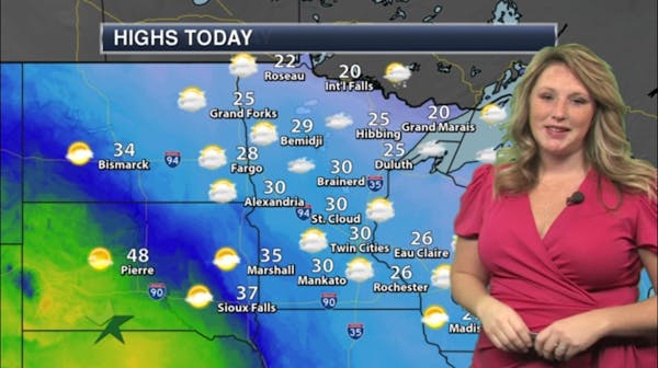 Morning forecast: High 30; snow showers north