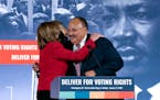 House Speaker Nancy Pelosi of California greeted Martin Luther King III during a news conference in Washington on Monday.