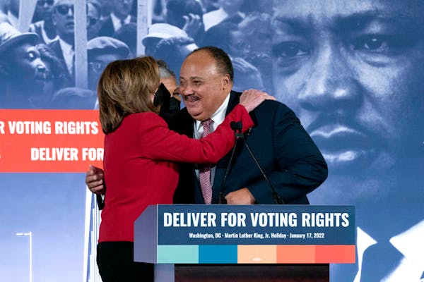 House Speaker Nancy Pelosi of California greeted Martin Luther King III during a news conference in Washington on Monday. King’s eldest son criticiz