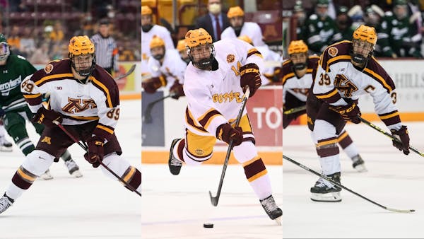 Gophers men’s hockey players who will play for the United States at the Beijing Games (left to right): Matthew Knies, Brock Faber and Ben Meyers