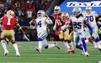 Dak Prescott (4) of the Dallas Cowboys scrambles with the ball on the last play of the game against the San Francisco 49ers during the fourth quarter 