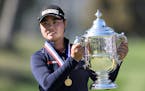 Yuka Saso celebrates her victory in the U.S. Women’s Open golf tournament at The Olympic Club in June