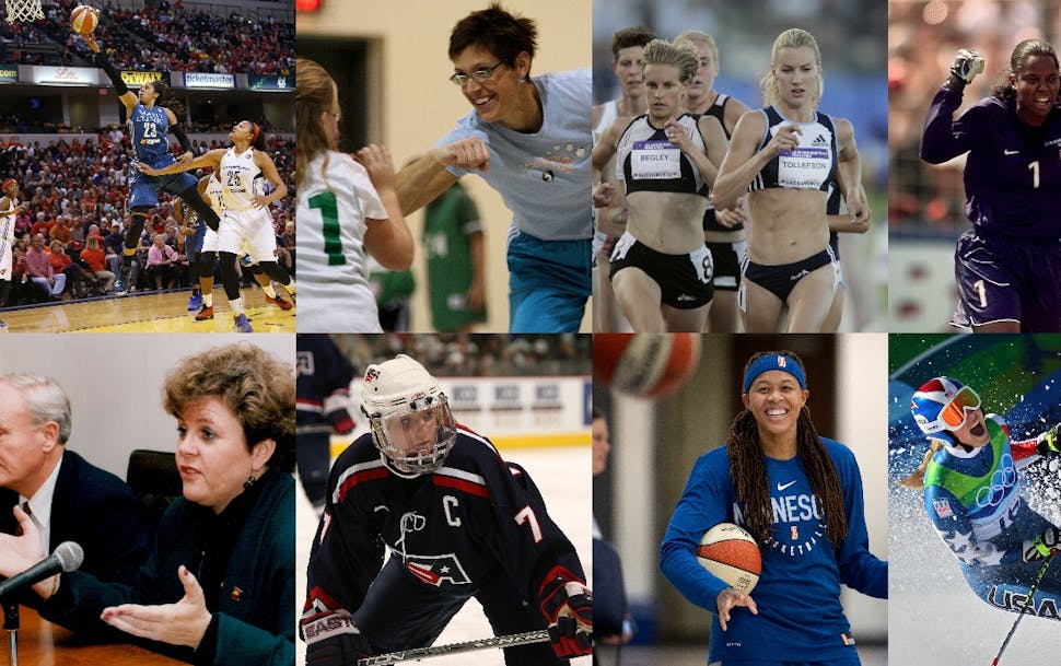 The 2021 Minnesota Sports Hall of Fame inductees (clockwise from top left): Maya Moore, Annie Adamczak Glavan, Carrie Tollefson, Brianna Scurry, Linds