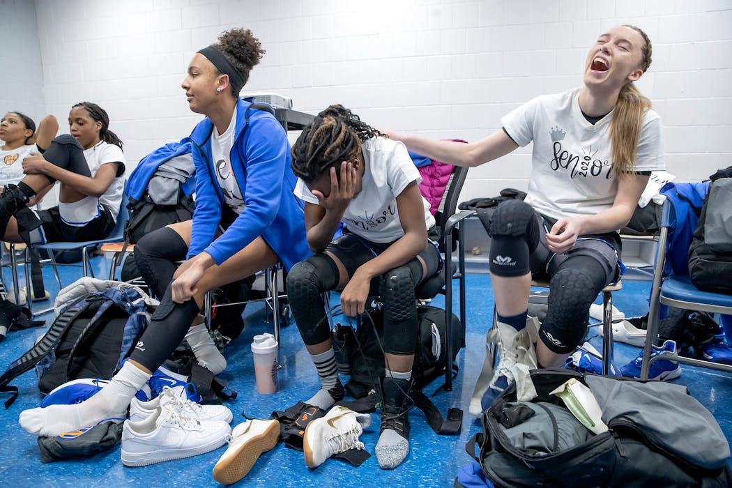 Maya Nnaji, left, shown here in 2020 with former Hopkins teammates Paige Bueckers, right, and Kayla Adams, middle, said Bueckers is like a “big sister.”