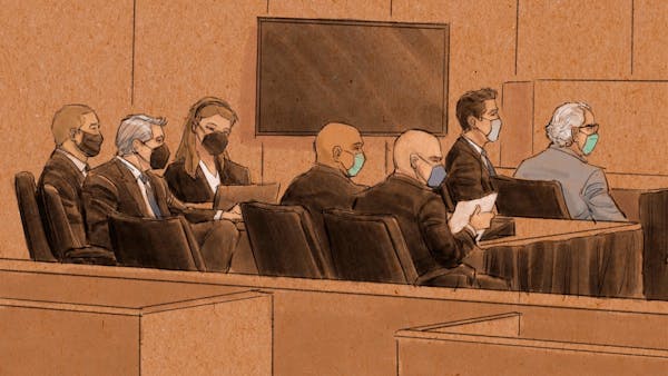 In this courtroom sketch, three former Minneapolis officers charged in the death of George Floyd appear in federal court on Jan. 11 in St. Paul.
