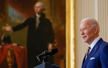President Joe Biden spoke during a news conference in the East Room of the White House in Washington, Wednesday, Jan. 19, 2022