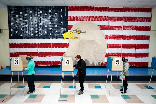 Voters cast their ballots under a giant mural on Nov. 3, 2020, in Midlothian, Va.