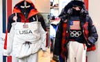 This combination of photos shows uniforms for the Team USA Beijing winter Olympics opening ceremony, left, and closing ceremony, designed by Ralph Lau