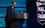 NASCAR Hall of Fame inductee Dale Earnhardt Jr. speaks about his career during the induction ceremony on Friday in Charlotte, N.C. 