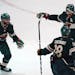 The Wild’s Marcus Foligno leaps as he celebrates his overtime goal on Blackhawks goalie Kevin Lankinen Saturday night in St. Paul