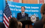United States Secretary of State Antony Blinken speaks as he greets embassy staff at the U.S. embassy, in Kyiv, Ukraine, Wednesday, Jan. 19, 2022. The