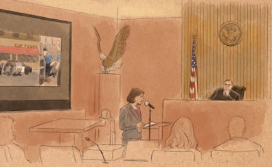 In this courtroom sketch, Assistant U.S. Attorney Samantha Bates makes opening arguments during the trial for three former Minneapolis police officer