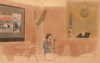 In this courtroom sketch, Assistant U.S. Attorney Samantha Bates makes opening arguments during the trial for three former Minneapolis police officer