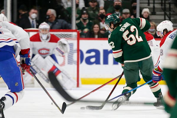 Minnesota Wild center Connor Dewar scored the first goal of his career on this shot Monday.
