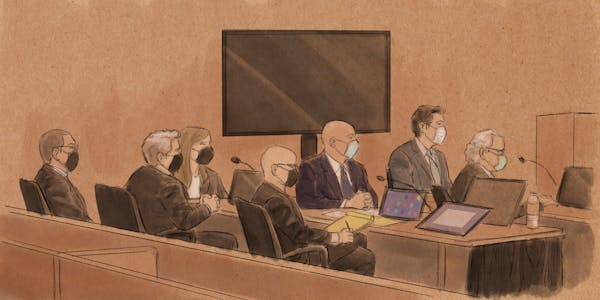 In this courtroom sketch, from center going left, former officer Tou Thao, attorney Robert Paule, attorney Natalie Paule, attorney Tom Plunkett, forme