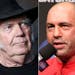 This combination photo shows Neil Young in Calabasas, Calif., on May 18, 2016, left, and UFC announcer and podcaster Joe Rogan before a UFC on FOX 5 e