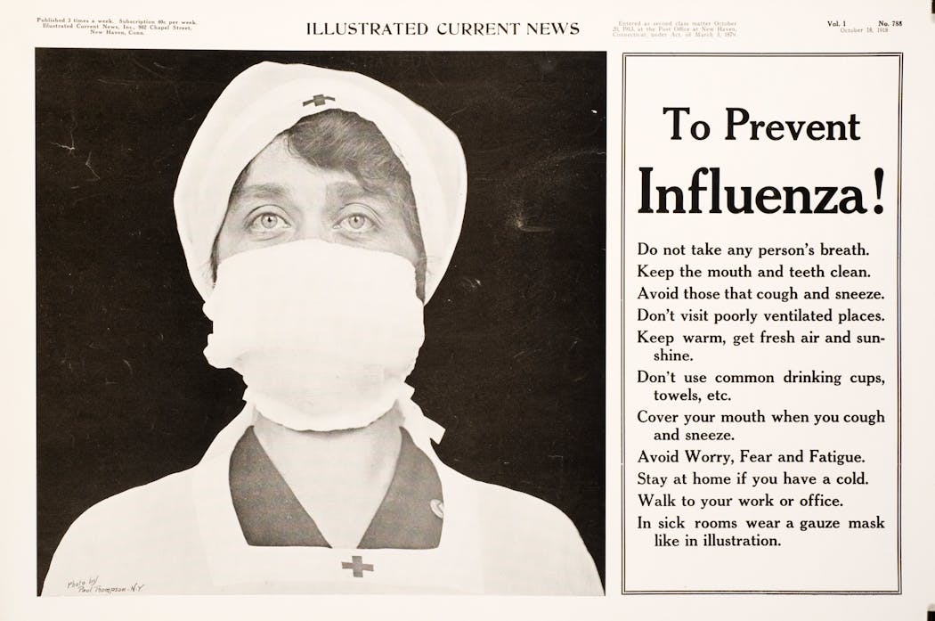 An influenza awareness poster showing a Red Cross nurse with a gauze mask over her nose and mouth in 1918.