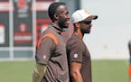 Kwesi Adofo-Mensah, left, with Browns general manager Andrew Berry at the team’s training camp in August. 