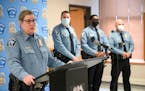 Minneapolis Police Interim Chief Amelia Huffman introduced her new appointees at City Hall, from left, Deputy Chief of Professional Standards Troy Sch
