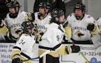 Andover defenseman Mackenzie Jones (19) celebrates with teammates after scoring a goal against Warroad in the second period Thursday, Jan. 27, 2022 at