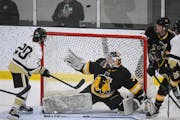 Warroad goaltender Kendra Nordick blocks a shot by Andover forward Ashley Grabau in the first period.