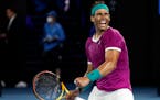 Rafael Nadal celebrates after defeating Matteo Berrettini in their semifinal match at the Australian Open