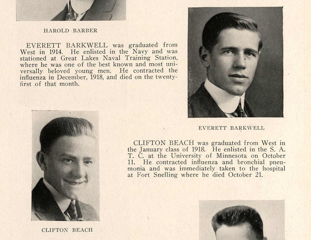 A section of the 1919 West High School yearbook dedicated to graduates killed in World War I featured some former students who had died after contracting influenza in the military.