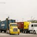 Trucks left the Port of Los Angeles on Oct. 30, 2021. 