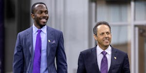 Vikings president Mark Wilf, right, and new general manager Kwesi Adofo-Mensah walked into Thursday’s press conference collaboratively.