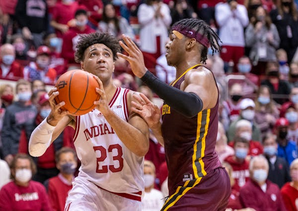 Indiana’s Trayce Jackson-Davis. left, has led the Hoosiers to three straight wins. They play the Gophers at Williams Arena on Wednesday night. 