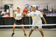 Marc and Diane Bock competed in an elimination round of pickleball in the age 60-64 age group Sunday at the National Senior Games. ] Aaron Lavinsky ¥