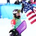 Lindsey Jacobellis of the United States celebrates her gold medal run in women’s snowboard cross .