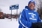 Coach Mike “Talley” Tate stood for a portrait near the scoreboard he was instrumental in procuring Friday at North Commons Park in north Minneapol