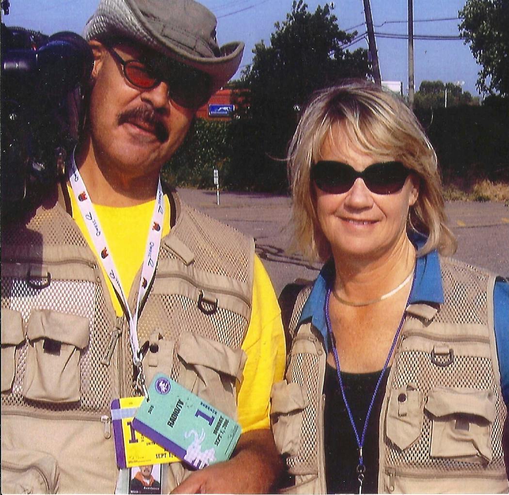 Former WCCO reporter Caroline Lowe says photojournalist Dave Chaney, left, always had her back in the field. This photo was taken when the pair was covering the 2008 Republican National Convention in St. Paul.