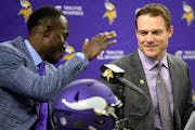 Vikings General Manager Kwesi Adofo-Mensah, left, and new head coach Kevin O’Connell at a news conference Thursday. 