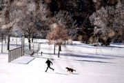 A man and his dog dashed across the crusty snow at Battle Creek Recreation Center, in St. Paul, on Monday, Dec. 27, 2021. The National Weather Service