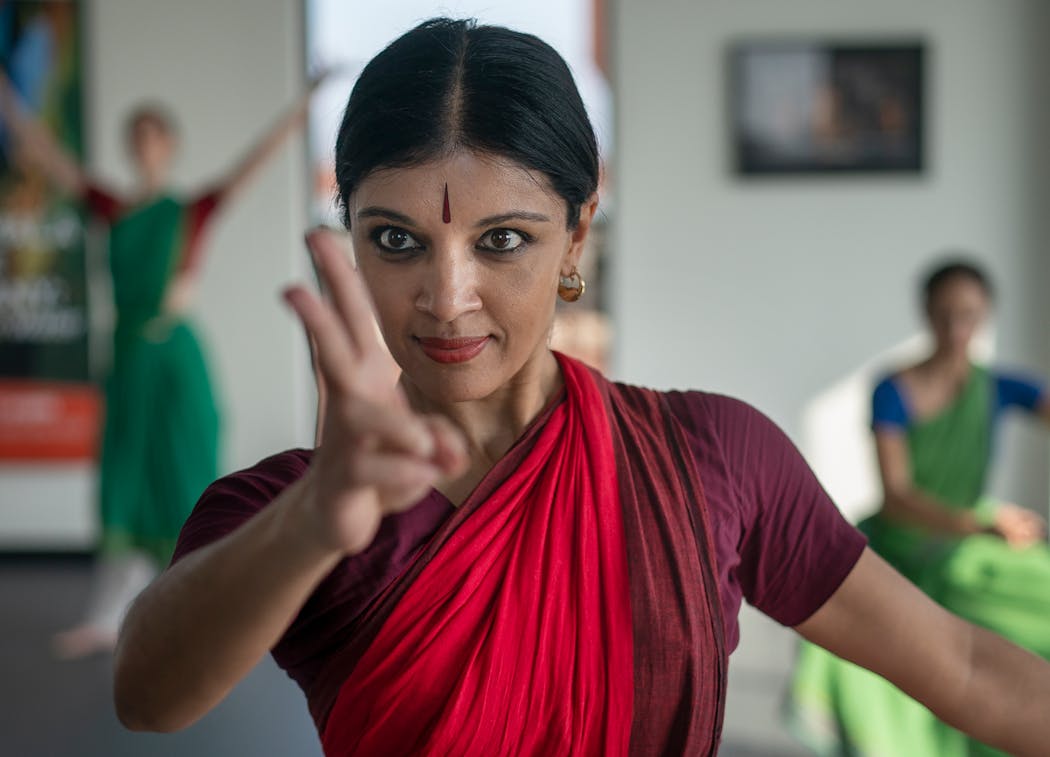 Aparna Ramaswamy, practiced for their upcoming performance of “Fires of Varanasi” at the Center for Performing Arts inMinneapolis, Minn., on Wednesday, Feb. 16, 2022.